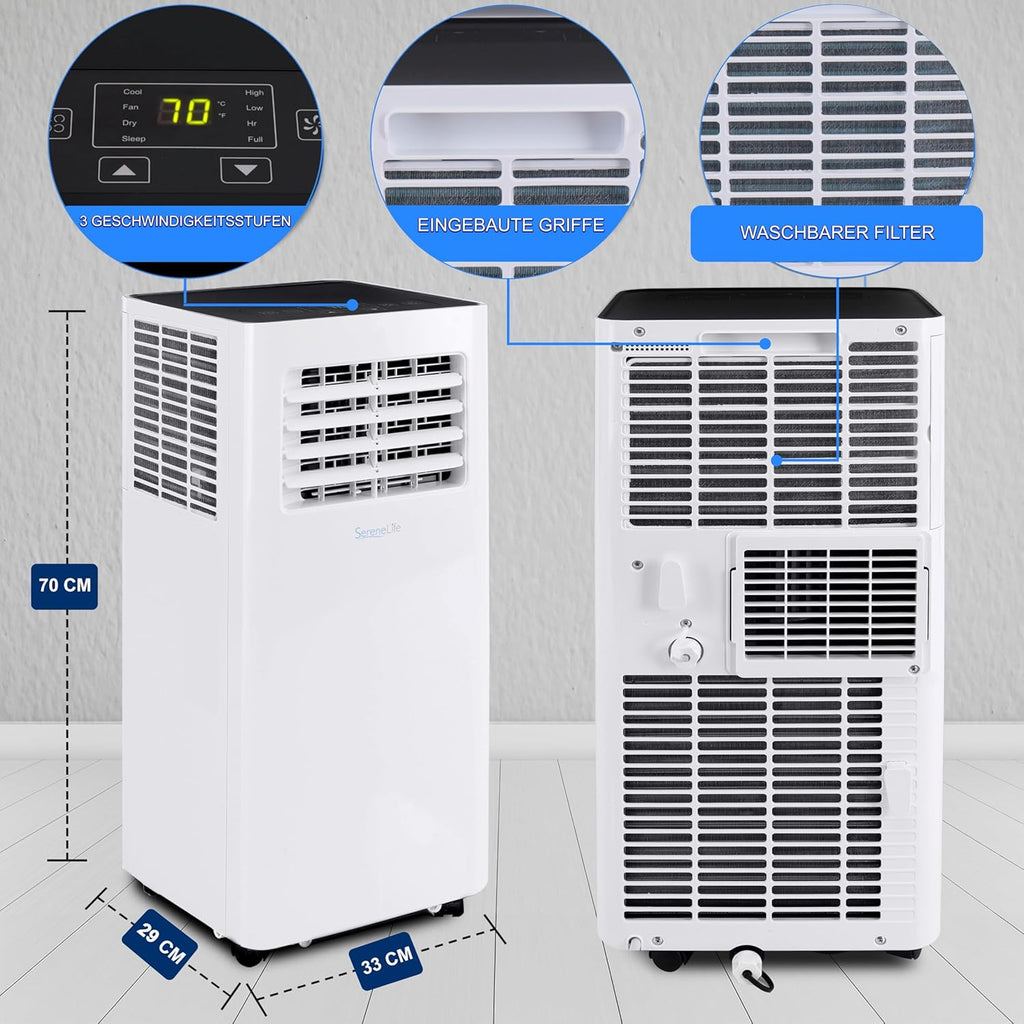 SereneLife 3-in-1 Mobiele Airconditioner met Afvoerslang – Klimaatregelaar als Luchtkoeler, Ventilator & Luchtontvochtiger – Mini Airco voor Ruimtes tot 28 m2 – Luchtkoeler voor Thuis & Kantoor 10.000 BTU