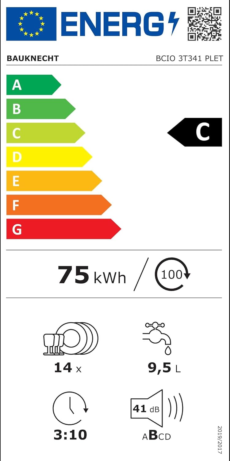 Bauknecht BCIO 3T341 PLET Vollintegrierbarer Geschirrspüler 60 cm /Edelstahl/14 Maßgedecke/10 Standardprogramme und 1 Sensorprogramm/PowerClean/ActiveDry/Besteckschublade/Vollwasserschutz