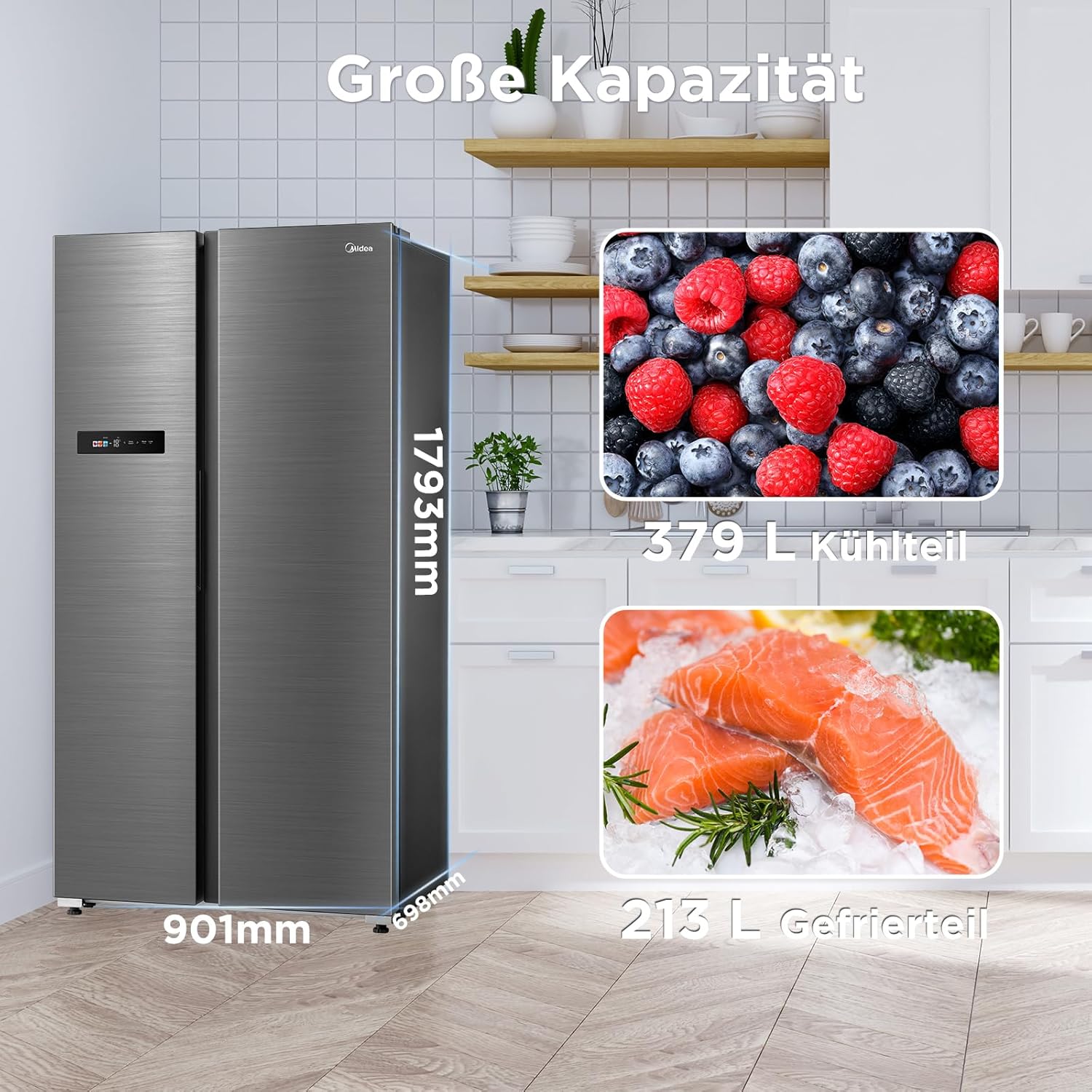 Midea KS-DDX 6.32 WT Amerikaanse koelkast/178,8 cm hoogte/254 kWh/jaar/No Frost/Dual Inverter Compressor/met 3-in-1 water-/ijsdispenser en watertank, Dark Inox