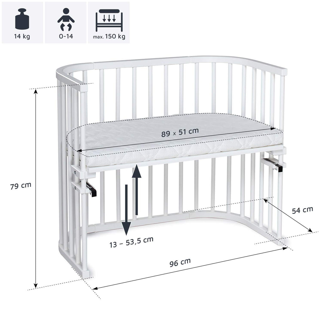 babybay Original Beistellbett aus massivem Buchenholz / kompakt & verwandelbar / Kinderbett Höhe stufenlos verstellbar & umweltfreundlich / mitwachsendes Babybett (weiß lackiert) / inkl. Matratze