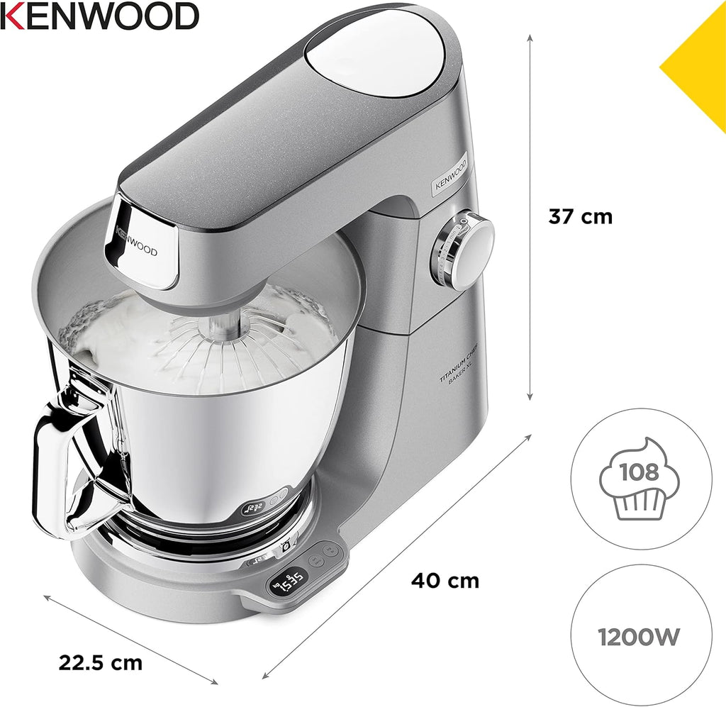 Kenwood Titanium Chef Baker KVL85.424SI Keukenmachine met geïntegreerde weegschaal, incl. 4-delige patisserie set, 7 L en 5 L mengkom, traploze snelheidsregeling, 1200 W, zilver