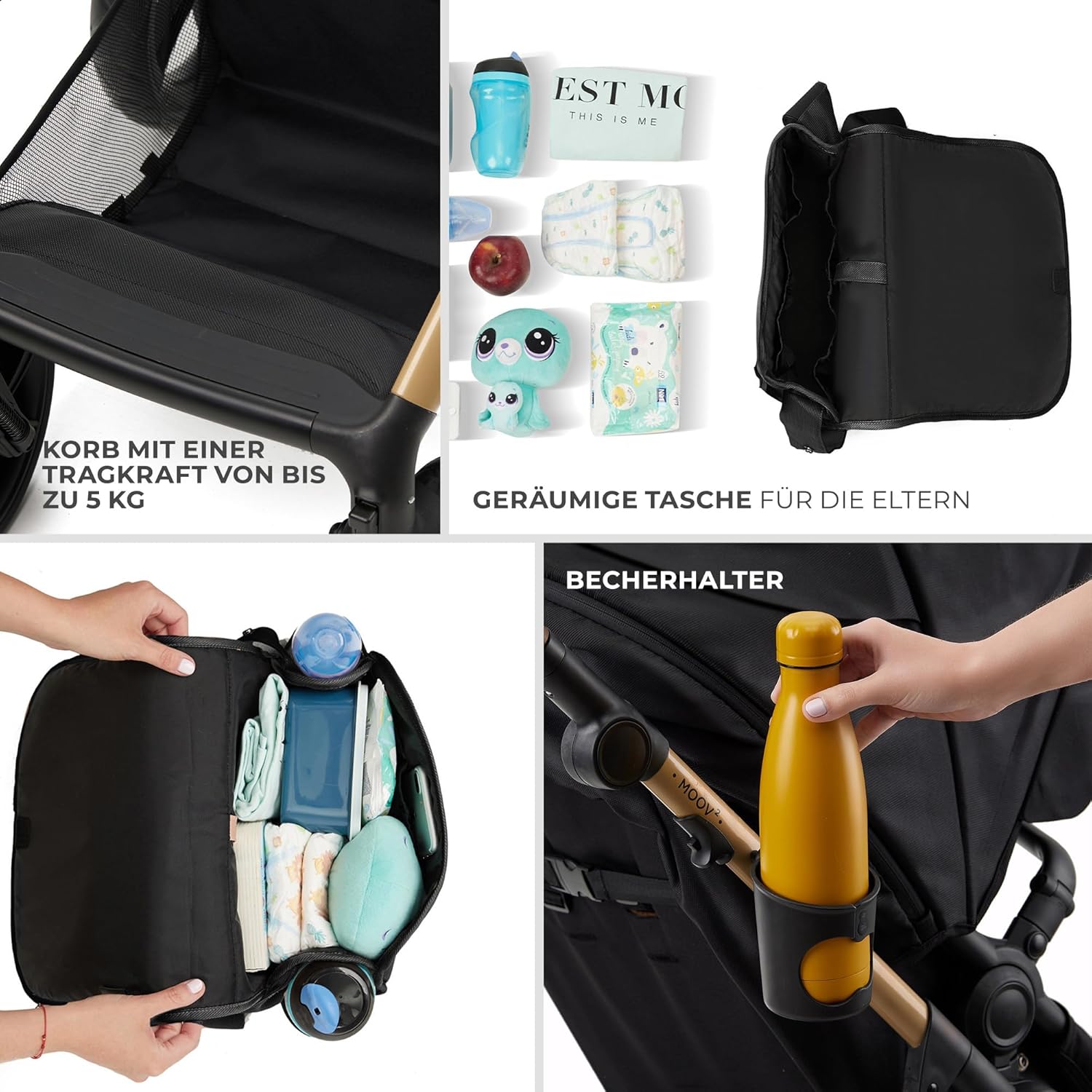 Kinderkraft MOOV2 AIR Kinderwagen 3 in 1 Kinderwagenset tot 26 kg met autostoel I-SIZE 40-75 cm, buggyfunctie, verstelbare ligstand, grote uitschuifbare kap, opblaasbare wielen, zwart