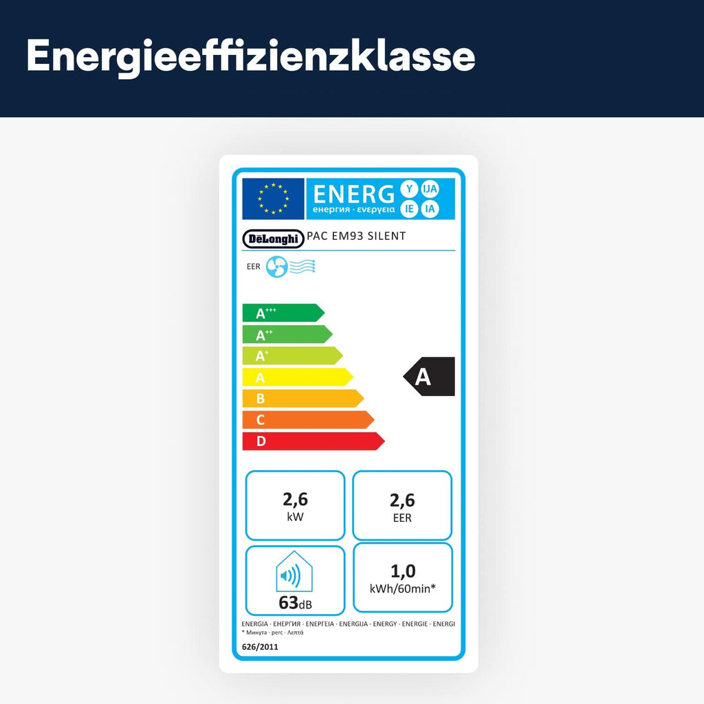 De'Longhi Pinguino PAC EM93 Silent, mobiele airconditioner voor ruimtes tot 90 m³, 10.500 BTU/u, 2,6 kW, 63 dB, ontvochtigingsfunctie, energieklasse A, 24-uurs timer, wit