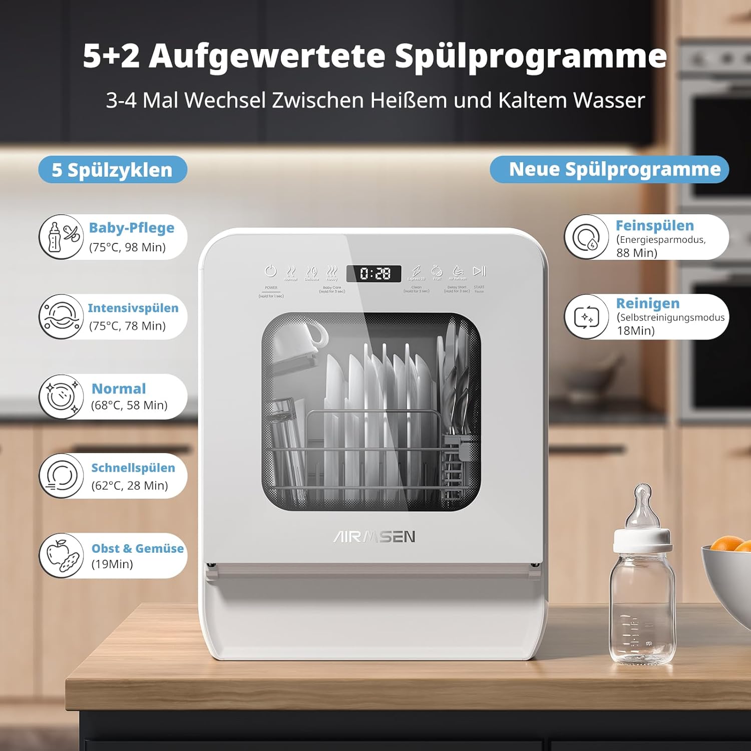 AIRMSEN Tafelvaatwasser, minivaatwasser met watertank, vaatwasser met 9 programma's, 37 x 50 cm, ultrasmal & diep, 1-24 uur timer, 360° dubbele sproeifunctie, slang/slangloos, wit (wit)