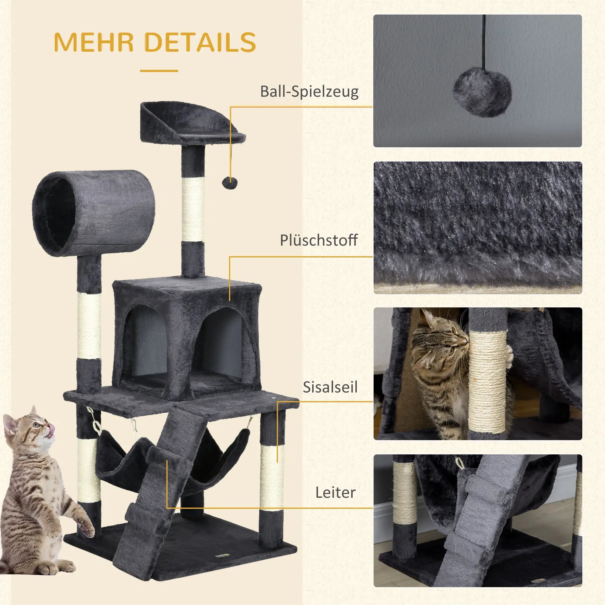 PawHut Krabpaal Kattenmeubels met Kattenhuis Hangmat Speelgoed