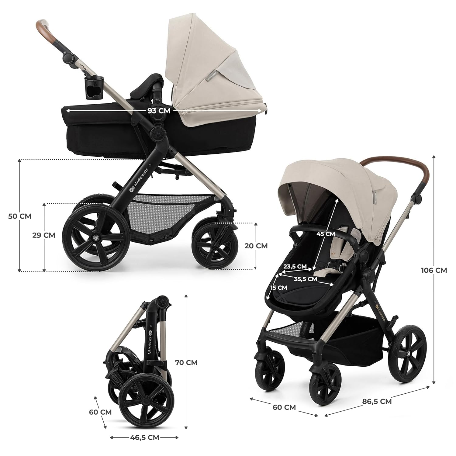 Kinderkraft MOOV2 AIR Kinderwagen 3 in 1 Kinderwagenset tot 26 kg met autostoel I-SIZE 40-75 cm, buggyfunctie, verstelbare ligstand, grote uitschuifbare kap, opblaasbare wielen, zwart