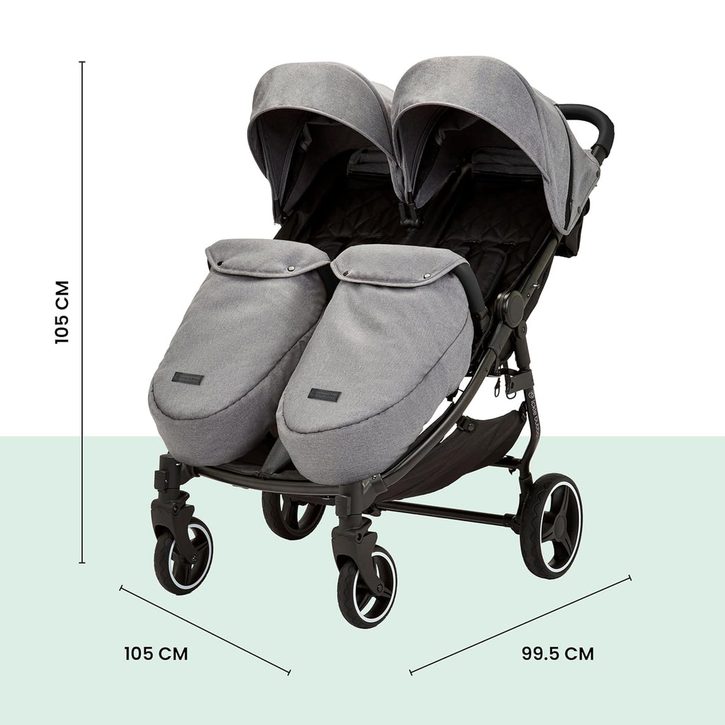 Venus Max Duo Buggy - geschikt vanaf de geboorte tot 15 kg (ongeveer 3 jaar), compacte, lichte, opvouwbare tweelingbuggy, inclusief regenhoes en voetenzak (Biscuit)