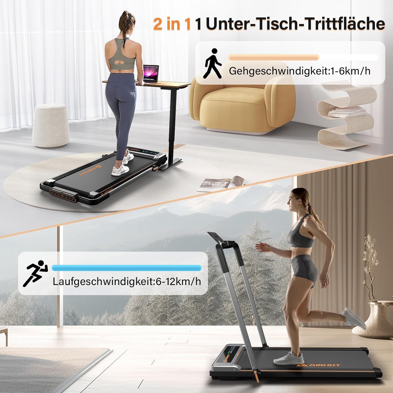 Loopband voor thuis-AIRHOT, 2,5 pk Walking Pad, loopband onder bureau met afstandsbediening en LED-display, maximale snelheid van 6 km/u OF 12 km/u. Compacte loopband voor thuis of op kantoor