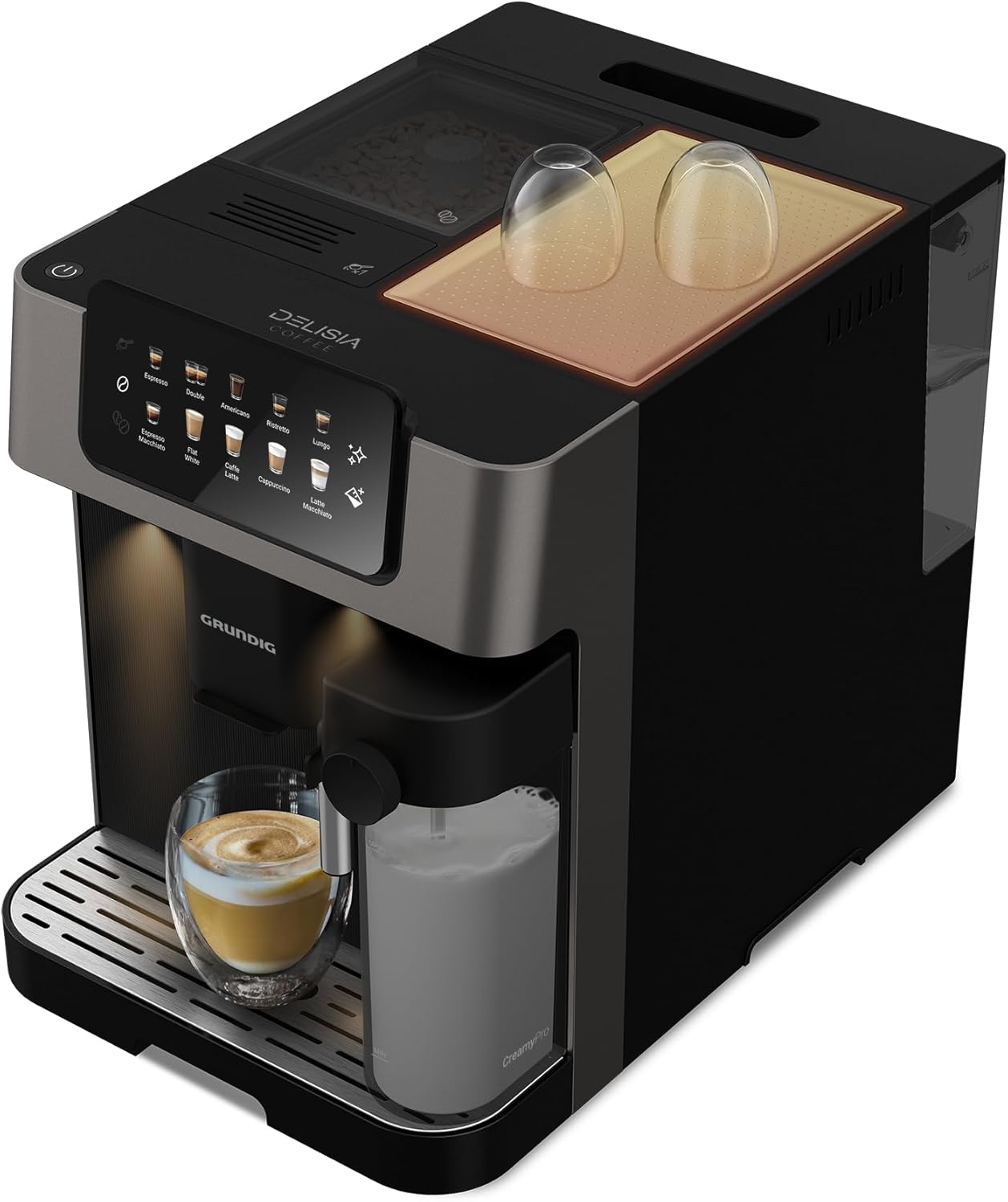 GRUNDIG KVA 7230 volautomatische koffiemachine, 10 koffiespecialiteiten, 13 maalfijnheden, melkreservoir, krachtig 1350 W, 19 bar pompdruk, dubbele uitloop, verlichting, Zwart/Donkerzilver