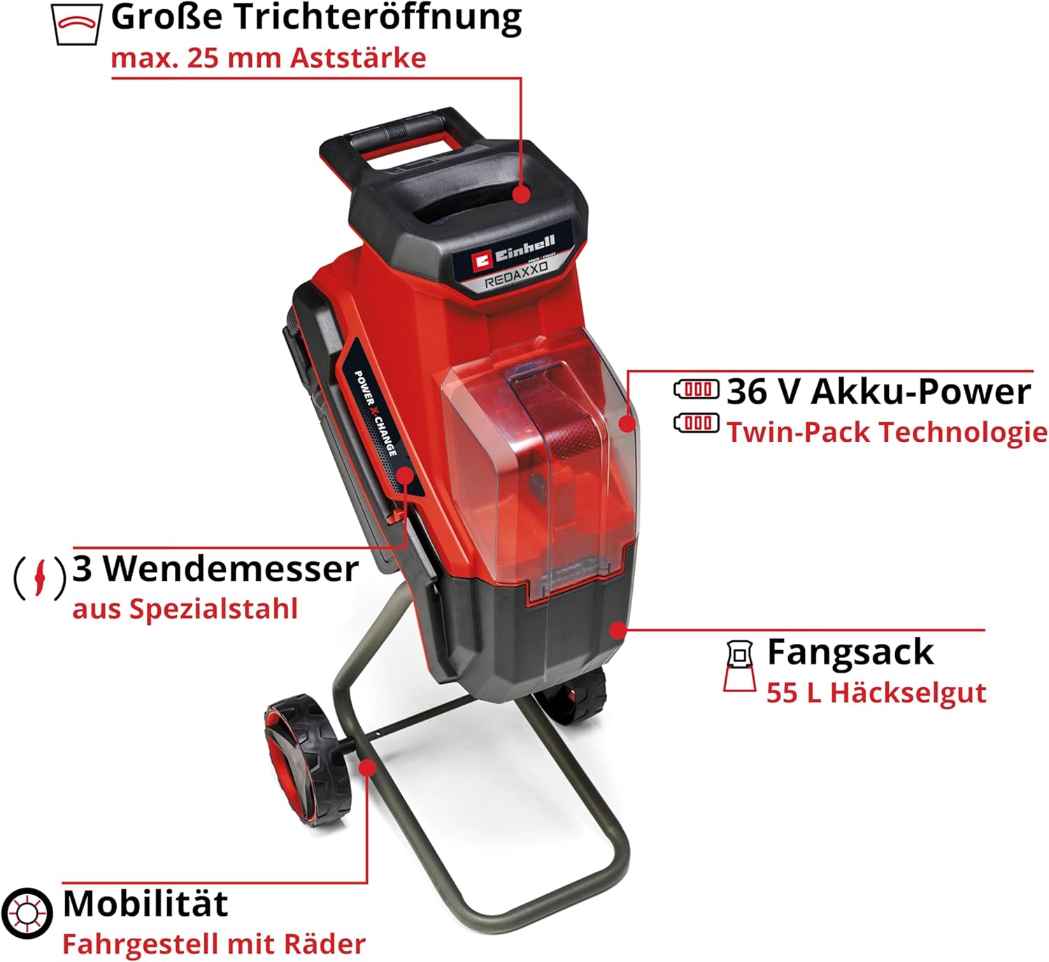 Einhell accu-hakselaar REDAXXO 36/25 Power X-Change (36 V, max. 25 mm takdikte, 3 omkeerbare stalen messen, 55 L opvangzak, transporthandgreep, aanstamper)