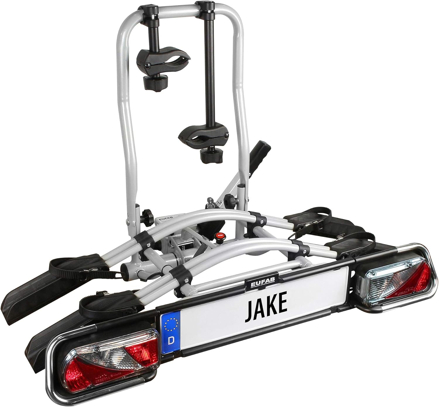 EUFAB 12010LAS fietsendrager POKER-F, geschikt voor e-bike, volledig voorgemonteerd, diefstalbeveiliging, voor 2 fietsen, voor trekhaak, zwart, 142 x 70 x 58 cm