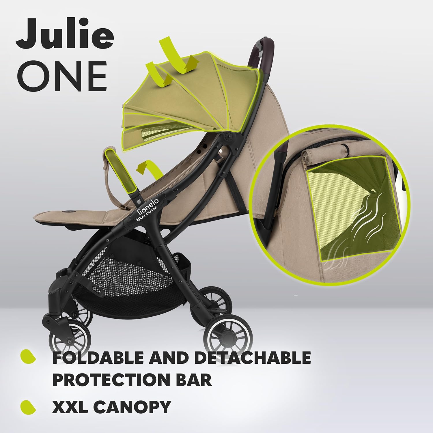 LIONELO Julie One Buggy kinderwagen tot 22 kg, verstelbare rugleuning en voetsteun, muskietennet, beenwarmers, bekerhouder en draagtas, inklapbaar