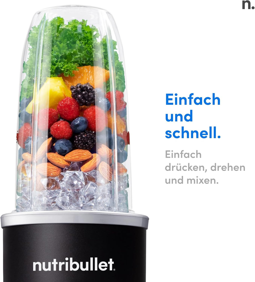 Nutribullet Pro 1200, elektrische blender, hakmolen, smoothieblender, multifunctionele blender, 1200w vermogen, 700ml en 900ml bekers, zwart, NB120MB