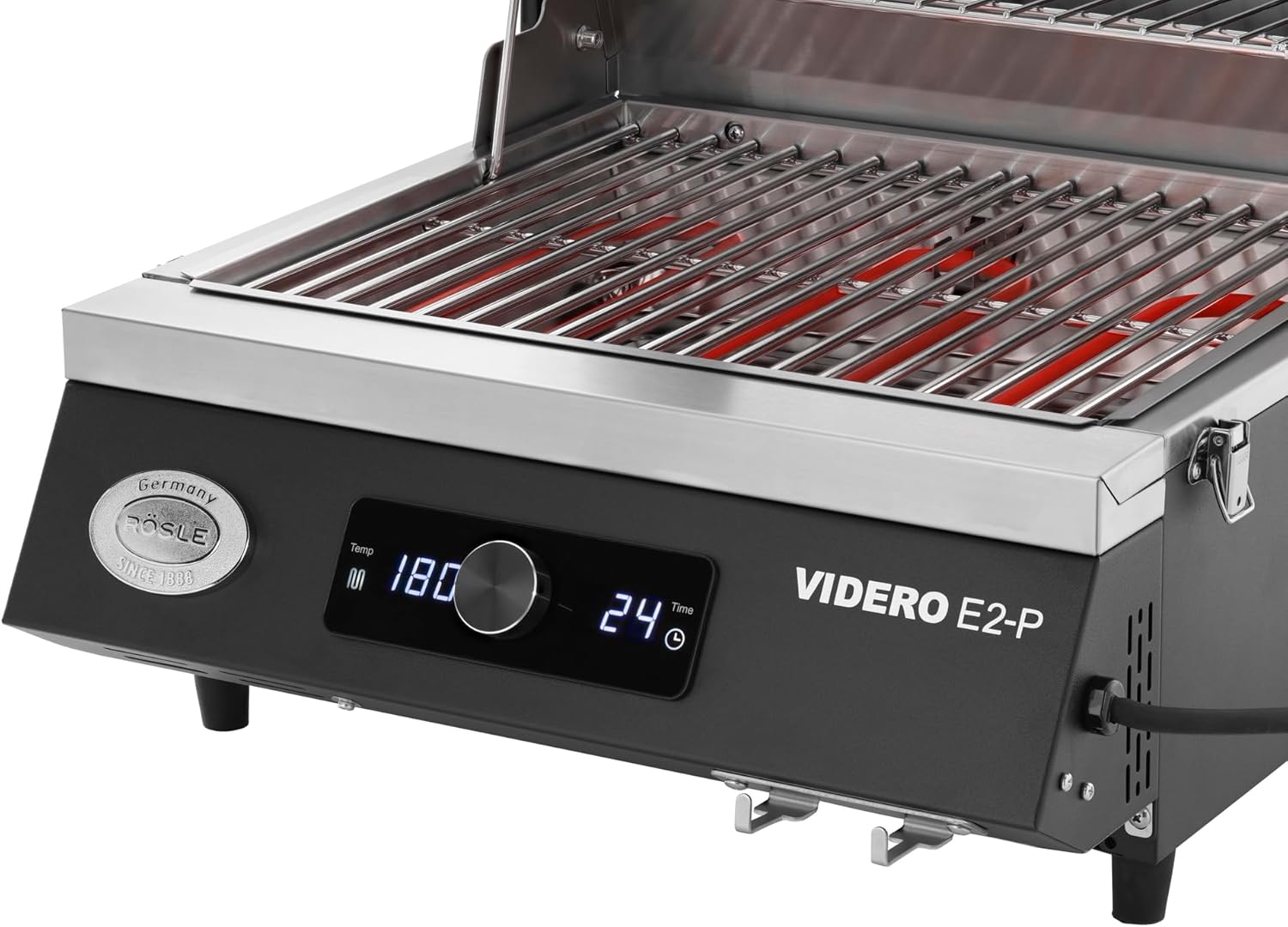 RÖSLE Elektrische BBQ-grill Portable Videro E2-P, draagbare tafelgrill met 2 branders, warmhoudrooster en deksel met glasplaat, gepoedercoat staal, zwart/zilver