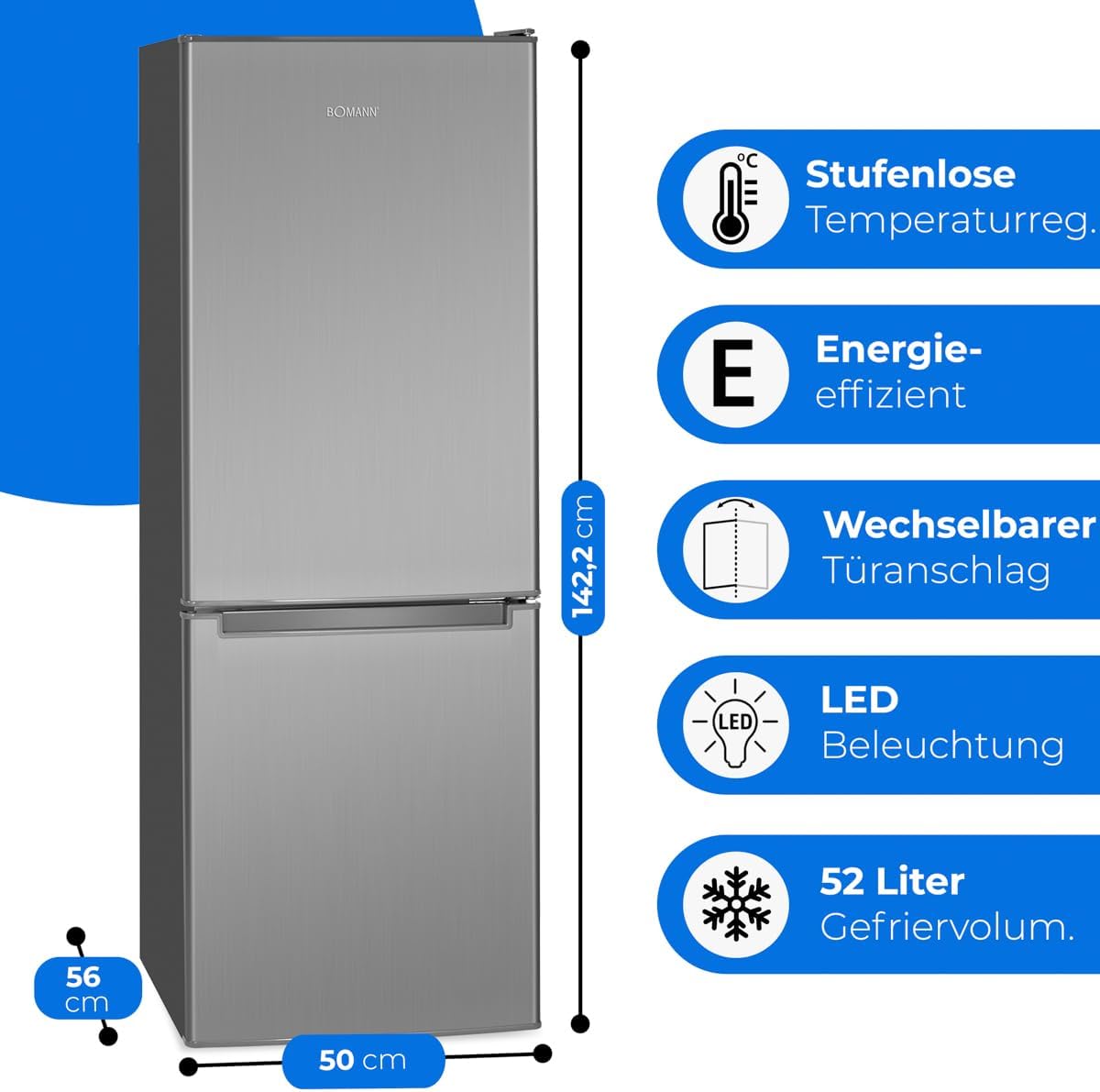 Bomann® Koelkast met vriesvak 143 cm hoog | Koelvriescombinatie 173L met 3 plateaus & 3 laden | Deurrichting omkeerbaar | stille koelvriescombinatie 40dB | Koelkast | KG 7331 inox