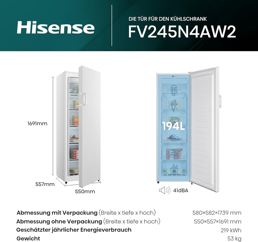 Hisense FV191N4AW2 Vriezer/ TotalNoFrost/ SuperFreeze/ Deuralarm/ Multiflow 360°/ BigBox/ 143,4 cm/ Vriesgedeelte 147 l/ 41 dB/ 205 kWh/Wit