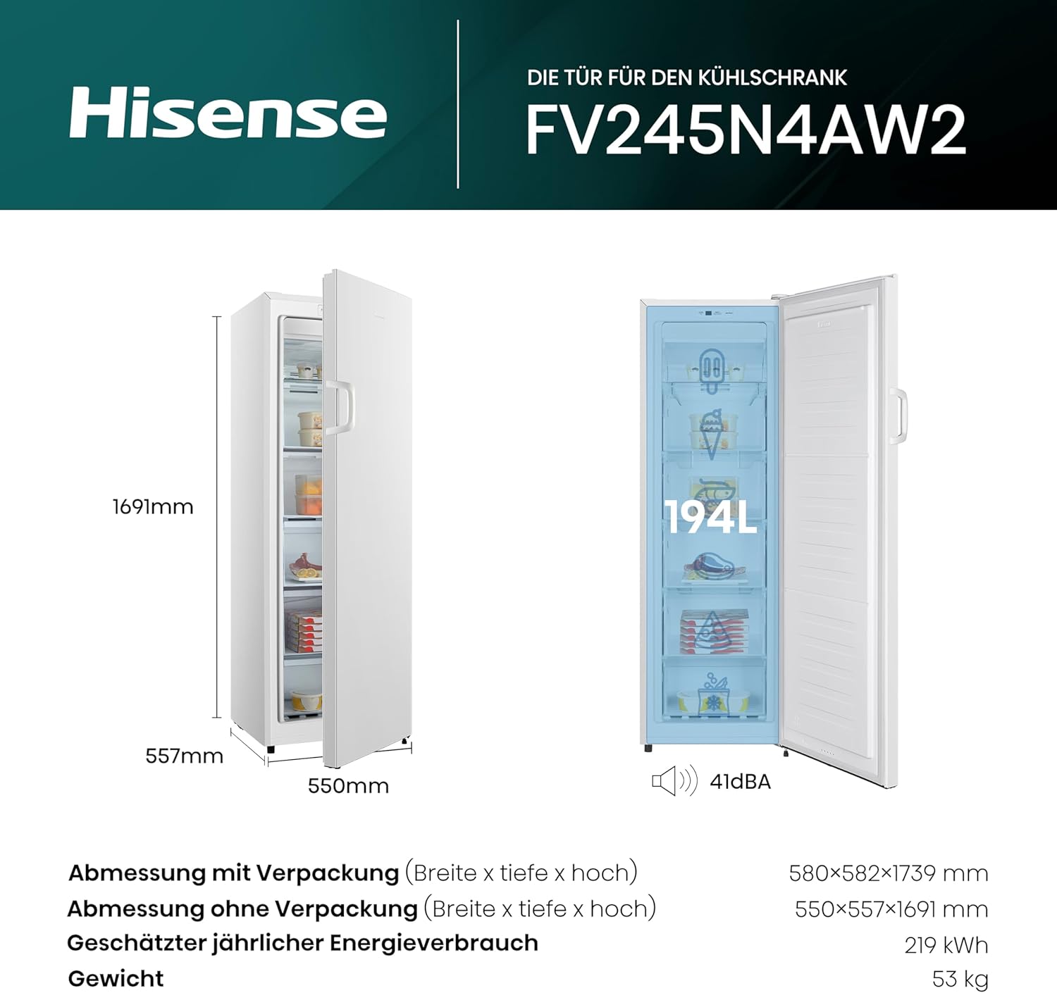 Hisense FV191N4AW2 Vriezer/ TotalNoFrost/ SuperFreeze/ Deuralarm/ Multiflow 360°/ BigBox/ 143,4 cm/ Vriesgedeelte 147 l/ 41 dB/ 205 kWh/Wit