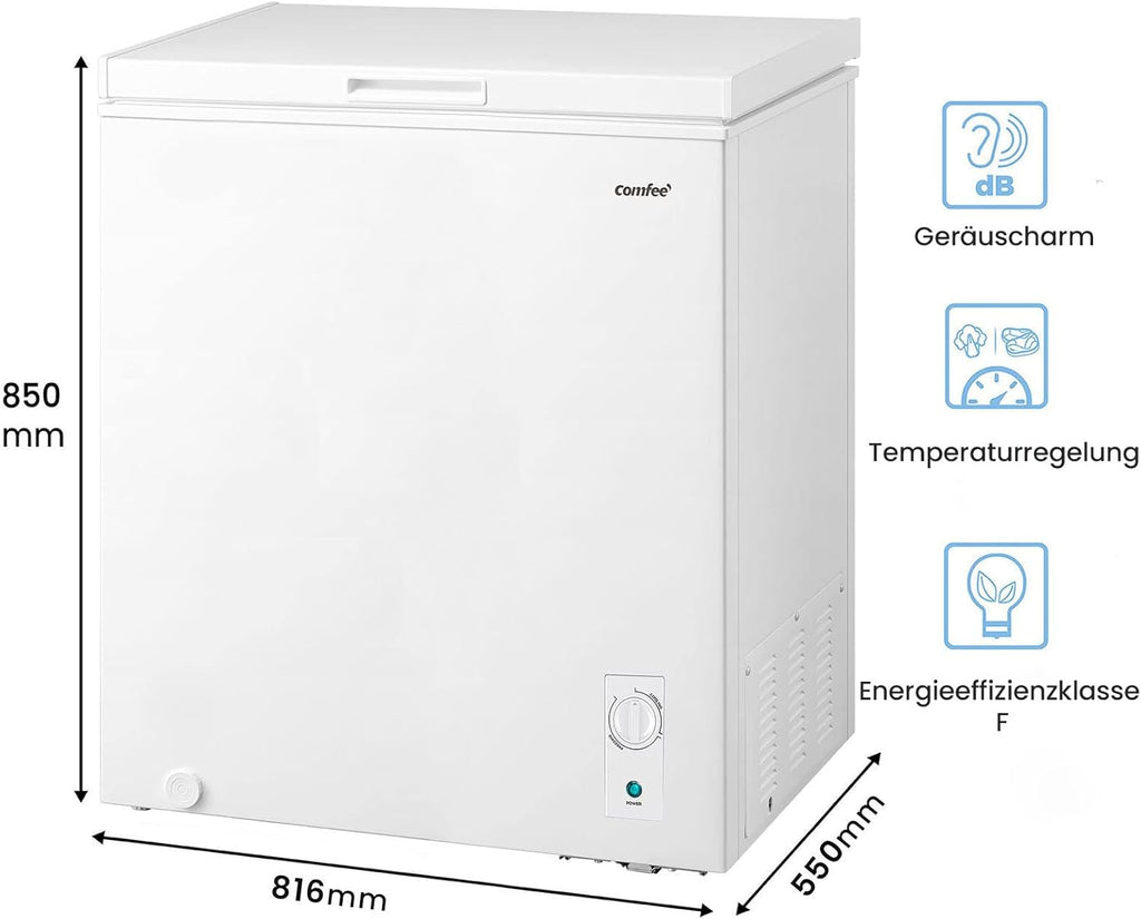 Comfee RCC100WH2(E) Gefriertruhe/169 kWh/Jahr/85cm hoch/99L/38dB/Geringe Lautstärke/Hoch effizientesD-förmigesRohr/Geeignet für verschiedene Einsatzszenarien/Einstellbarer Temperaturregler/Weiß