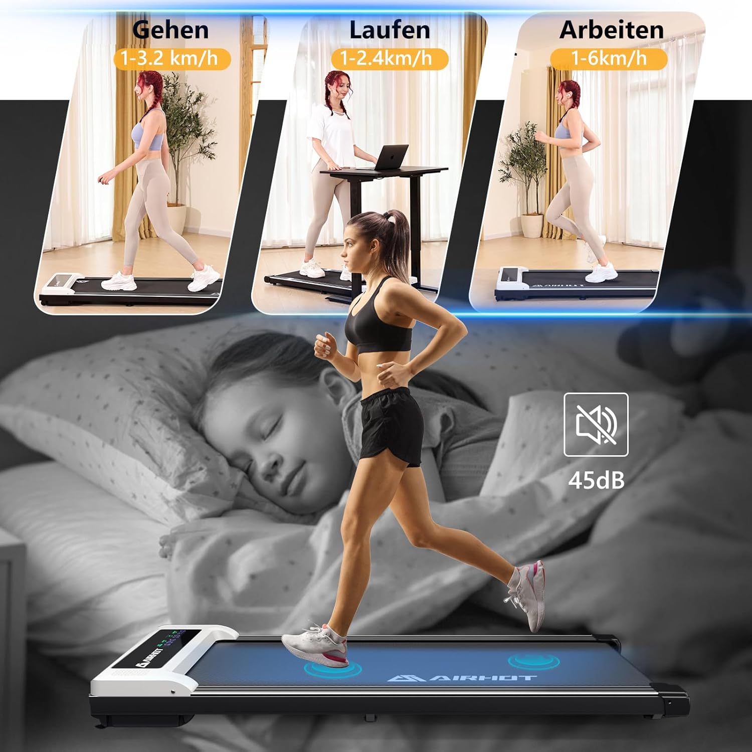 Loopband voor thuis-AIRHOT, 2,5 pk Walking Pad, loopband onder bureau met afstandsbediening en LED-display, maximale snelheid van 6 km/u OF 12 km/u. Compacte loopband voor thuis of op kantoor