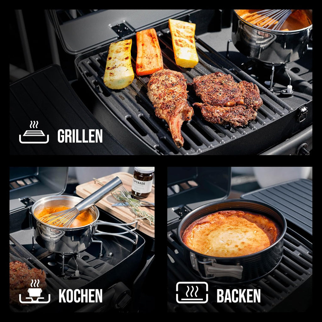 Enders Gasbarbecue Urban II Pro, tafelbarbecue, grill-, kook- en bakfunctie, 2 branders RVS, met grillthermometer, balkon-, campingbarbecue, gegoten aluminium behuizing, gietijzeren rooster, #2062