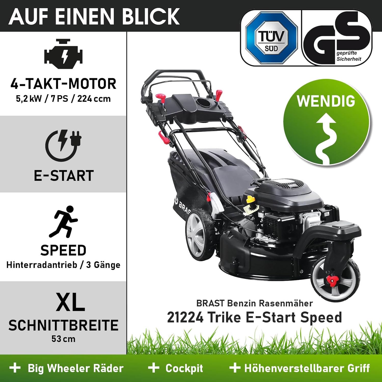 BRAST® Benzine grasmaaier Trike met aandrijving | 5,2kW (7PK) | 53cm maaibreedte | veel modellen | TÜV | 4-takt OHV motor | 30-80mm maaihoogte | 60L opvangbak | Stalen behuizing | Snelheid