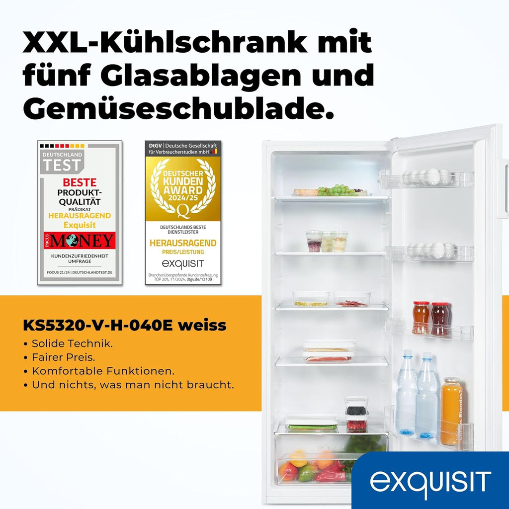 Exquisit Koelkast zonder vriesvak, grote koelkast, 5 legplanken, 242 liter, tafelmodel koelkast 143 cm hoog, KS5320-V-H-040E wit