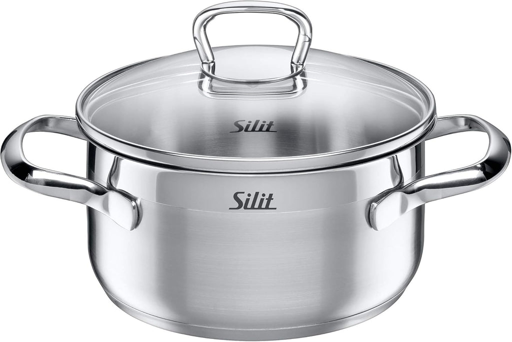 Silit Toskana pannenset inductiegeschikt 10-delig, kookpannenset met glazen deksel, inductiekookpannen, melkpan, stoompan, koekenpan, roestvrij staal deels mat, inductie pannen set ongecoat