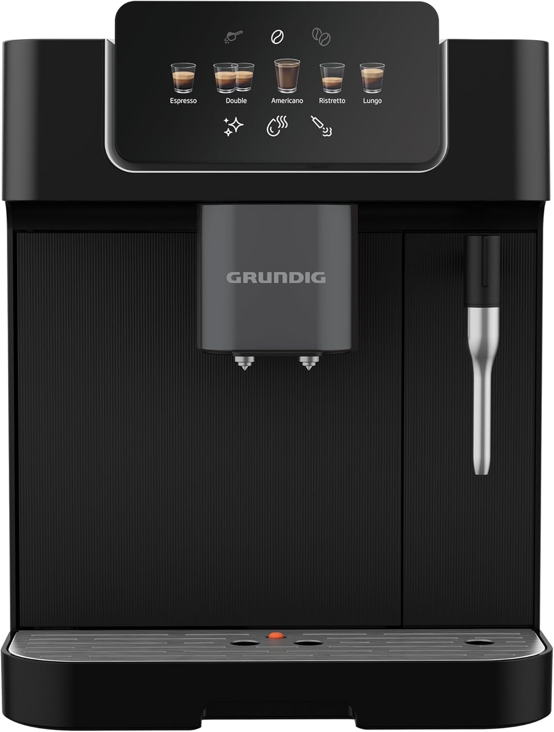 GRUNDIG KVA 7230 volautomatische koffiemachine, 10 koffiespecialiteiten, 13 maalfijnheden, melkreservoir, krachtig 1350 W, 19 bar pompdruk, dubbele uitloop, verlichting, Zwart/Donkerzilver