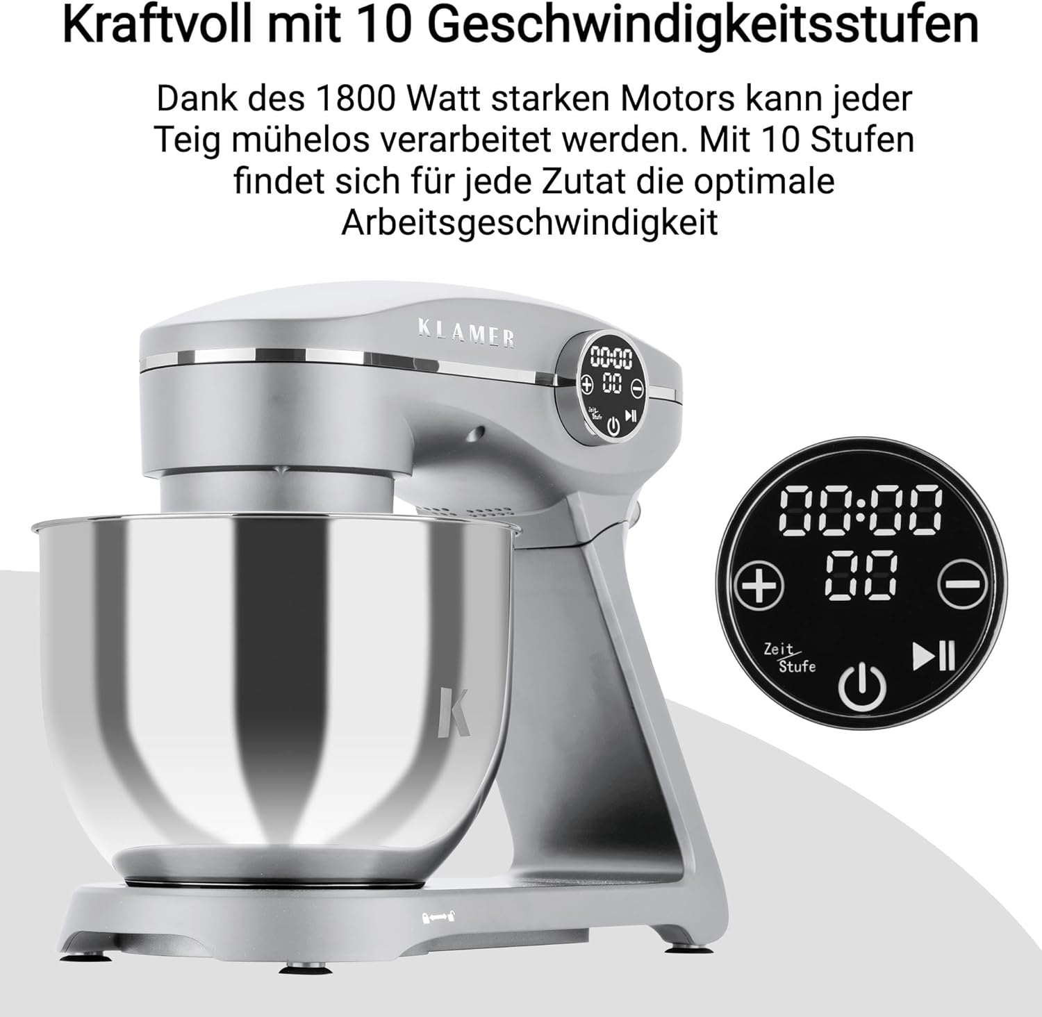 KLAMER Keukenmachine 1800W, Kneedmachine met 6 Liter RVS Kom, 10 Snelheidsstanden met Timer, Klopper, Deeghaak, Garde en Spatdeksel