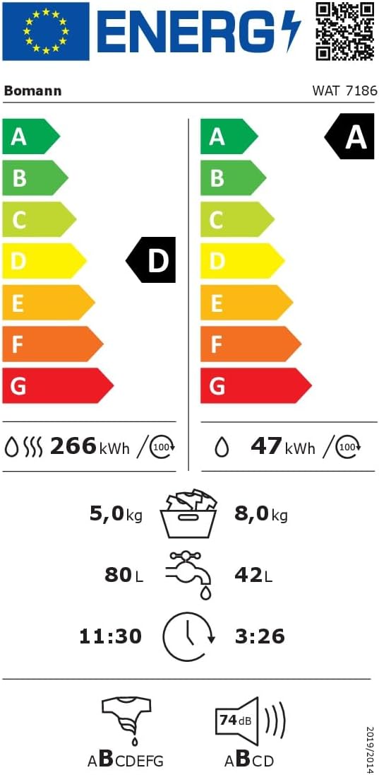 Bomann® Wasdroogcombinatie | Wassen en drogen in één cyclus | 8 kg wassen, 5 kg drogen | Inverter motor | 1400 tpm | Stoomfunctie | Geïntegreerde wasmachine met droger | WAT 7186 wit