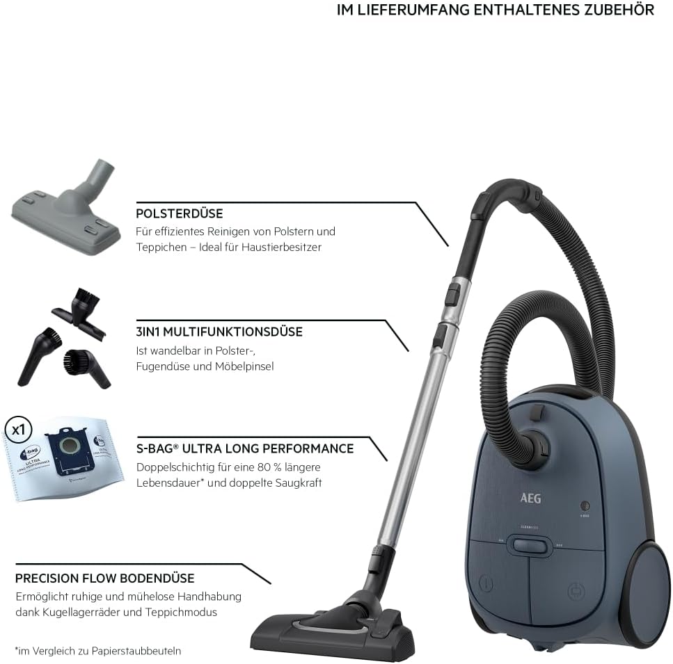 AEG CLEAN 6000 AB61C2DB stofzuiger met zak / hoge zuigkracht / incl. meubelmondstuk / 50% gerecycled plastic / ideaal voor huisdiereigenaren / reiniging van bekleding / 12 m snoer / 750 W / Blauw