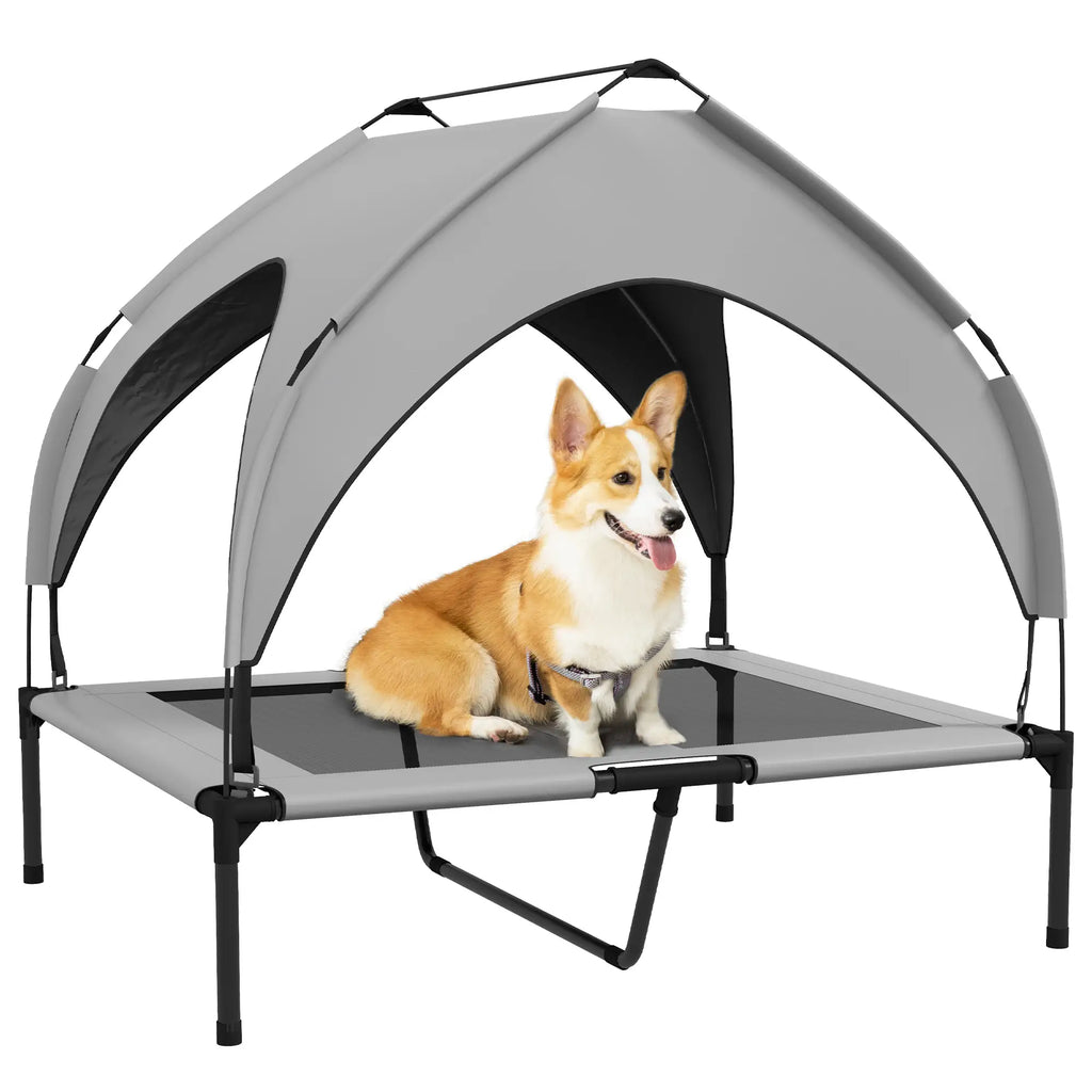 PawHut Verhoogd hondenbed outdoor met dak – Lichtgrijs, ademend
