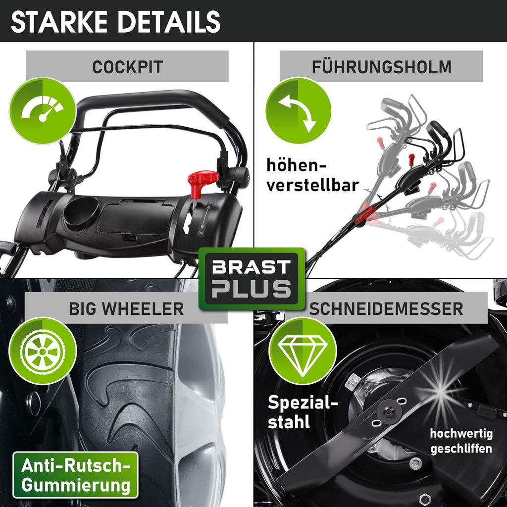 BRAST Benzin grasmaaier met aandrijving | 5,2kW(7PK) | elektrische start | 48cm snijbreedte | vele modellen | TÜV | 4-takt OHV motor | 30-80mm maaihoogte | 60L opvangbak | stalen behuizing | 19224 ESTART Speed