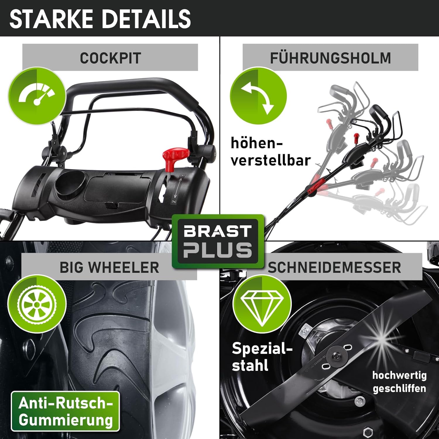 BRAST Benzin grasmaaier met aandrijving | 5,2kW(7PK) | elektrische start | 48cm snijbreedte | vele modellen | TÜV | 4-takt OHV motor | 30-80mm maaihoogte | 60L opvangbak | stalen behuizing | 19224 ESTART Speed