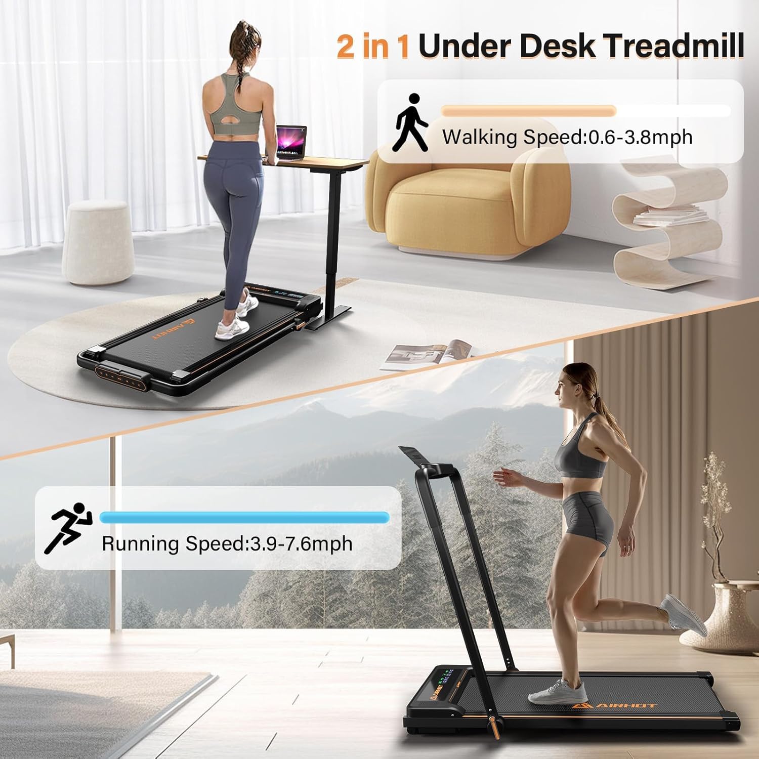 Loopband voor thuis-AIRHOT, 2,5 pk Walking Pad, loopband onder bureau met afstandsbediening en LED-display, maximale snelheid van 6 km/u OF 12 km/u. Compacte loopband voor thuis of op kantoor