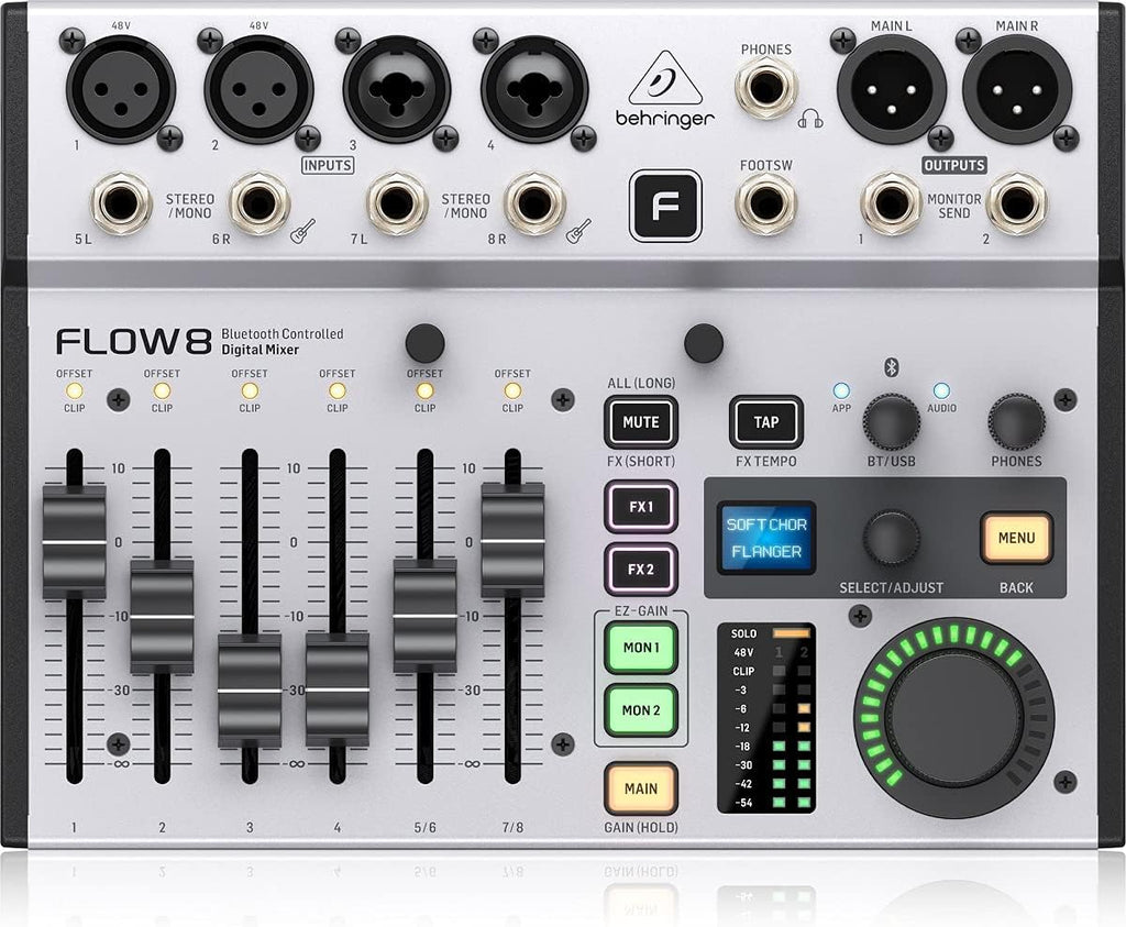 Behringer FLOW 8 digitale mixer met 8 ingangen en Bluetooth-audio en app-bediening, faders van 60 mm, 2 FX-processors en USB/audio-interface