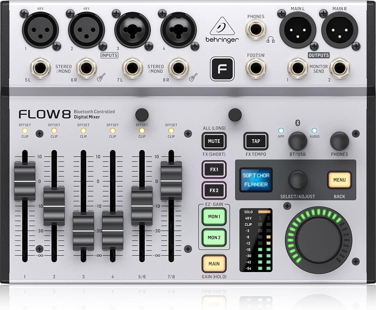 Behringer FLOW 8 digitale mixer met 8 ingangen en Bluetooth-audio en app-bediening, faders van 60 mm, 2 FX-processors en USB/audio-interface
