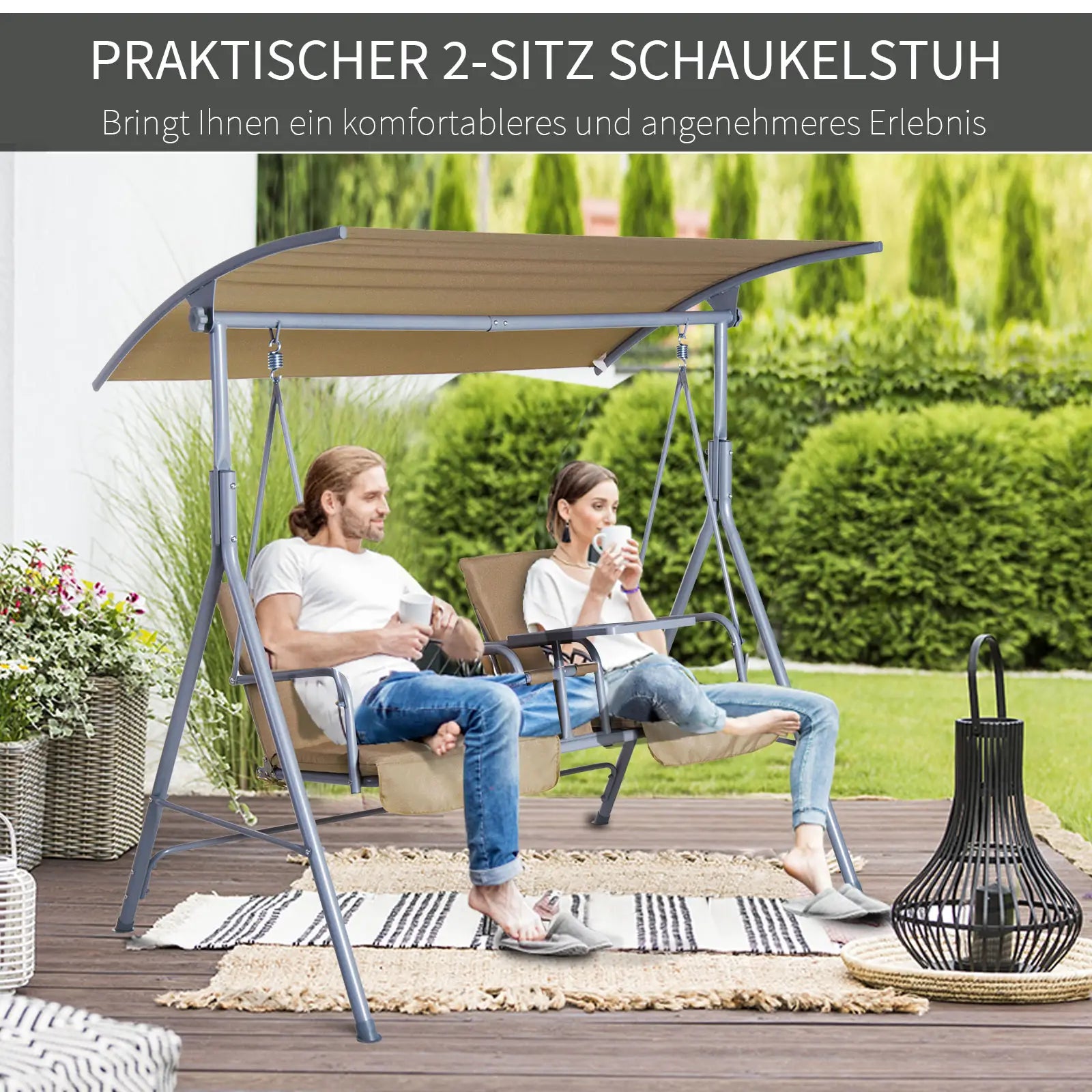 Outsunny Hollywoodschommel 2-zits met zonnedak bekerhouder