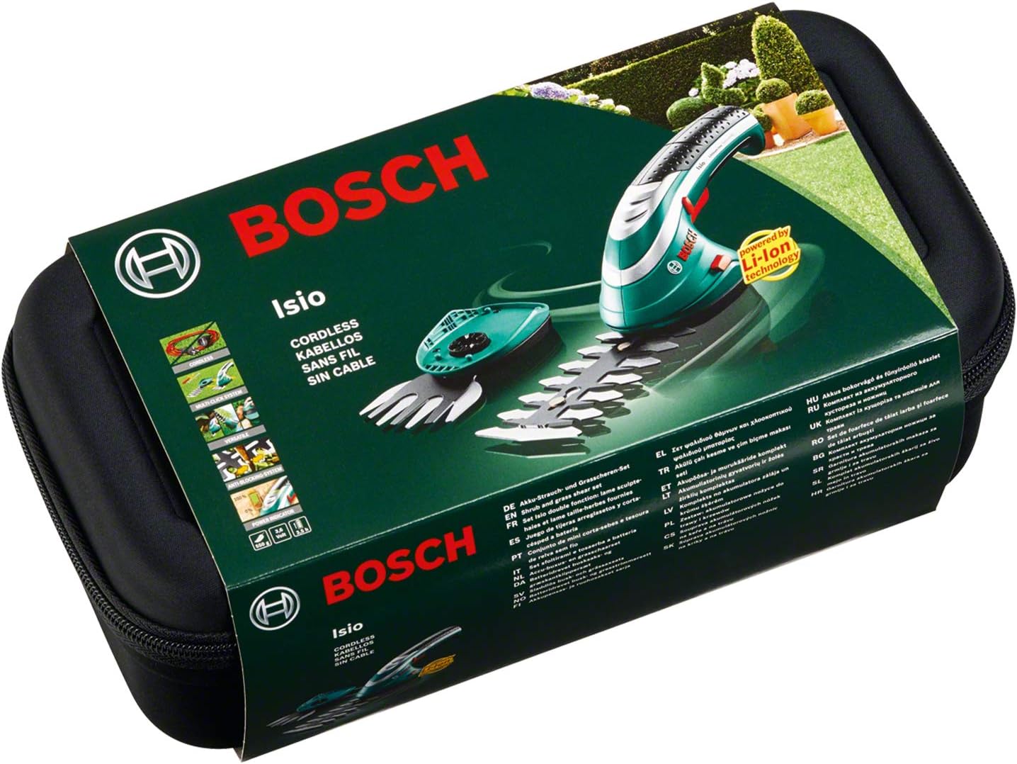 Bosch accugrasscharenset Isio (3,6 volt, meslengte 12 cm, mesafstand 8 mm, inclusief XL-tuinhandschoenen, in softcase) – Amazon Edition