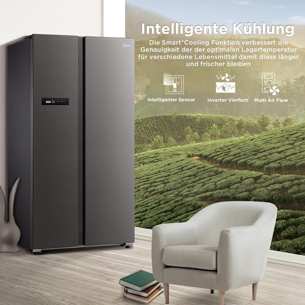 Midea KS-DDX 6.32 WT Amerikaanse koelkast/178,8 cm hoogte/254 kWh/jaar/No Frost/Dual Inverter Compressor/met 3-in-1 water-/ijsdispenser en watertank, Dark Inox