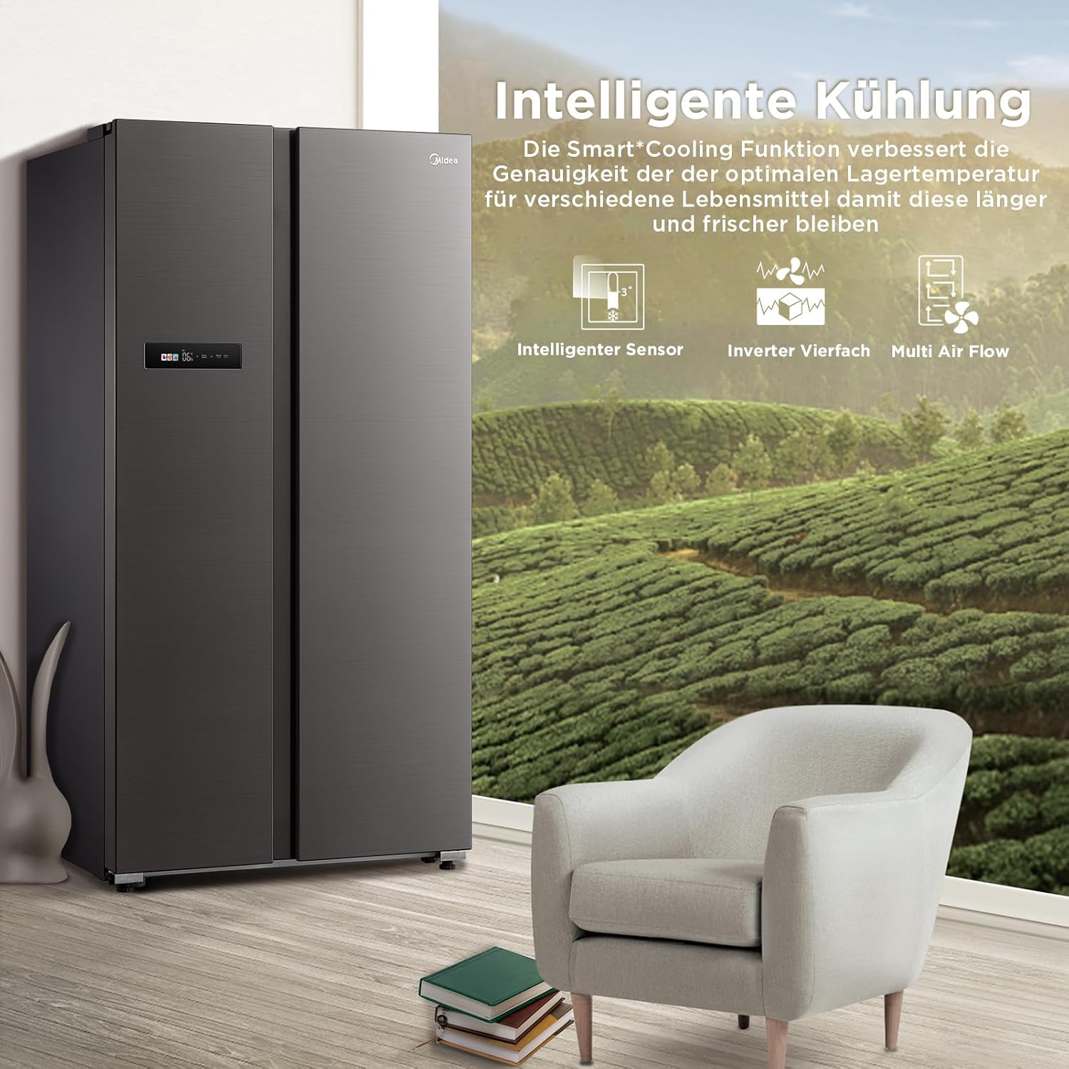Midea KS-DDX 6.32 WT Amerikaanse koelkast/178,8 cm hoogte/254 kWh/jaar/No Frost/Dual Inverter Compressor/met 3-in-1 water-/ijsdispenser en watertank, Dark Inox