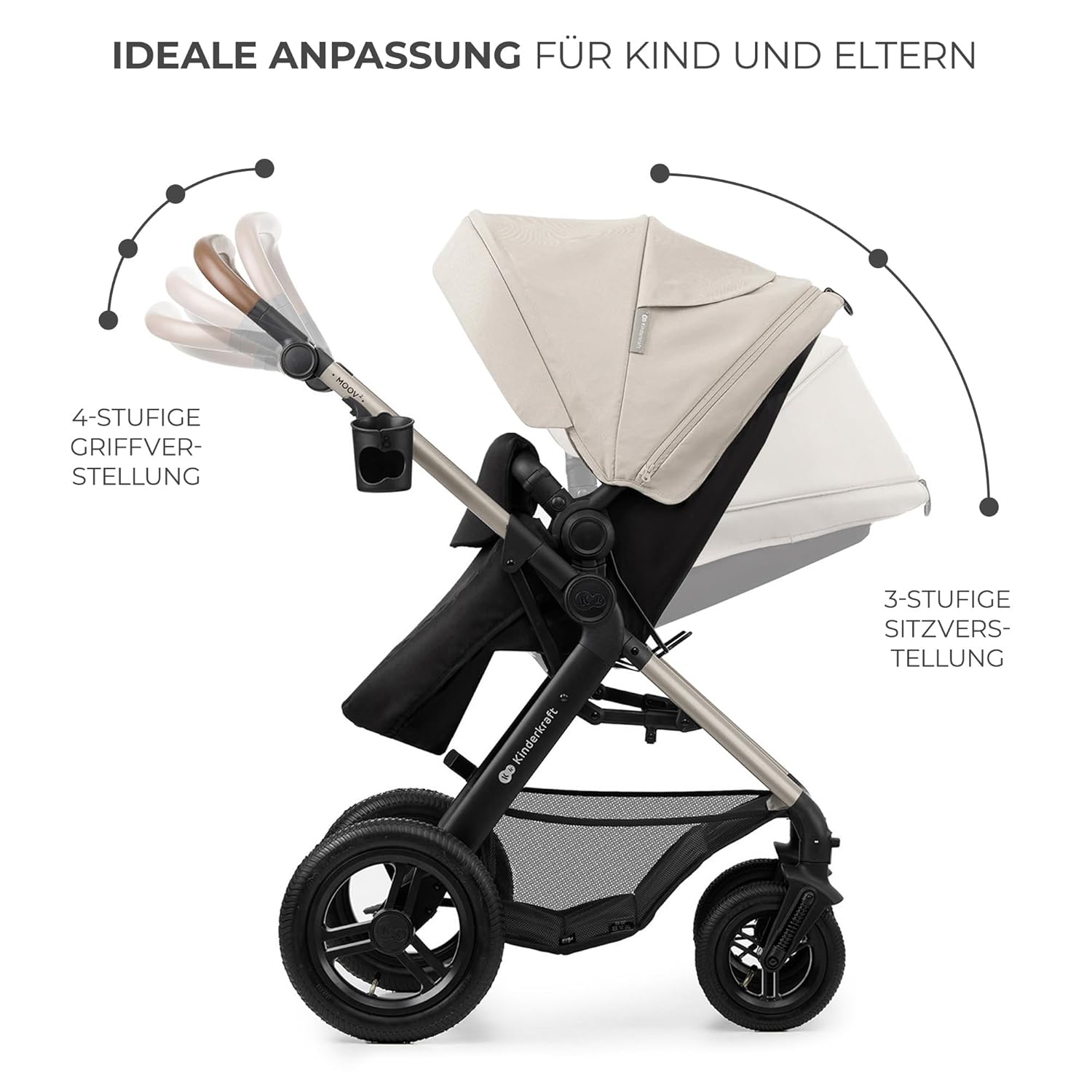 Kinderkraft MOOV2 AIR Kinderwagen 3 in 1 Kinderwagenset tot 26 kg met autostoel I-SIZE 40-75 cm, buggyfunctie, verstelbare ligstand, grote uitschuifbare kap, opblaasbare wielen, zwart