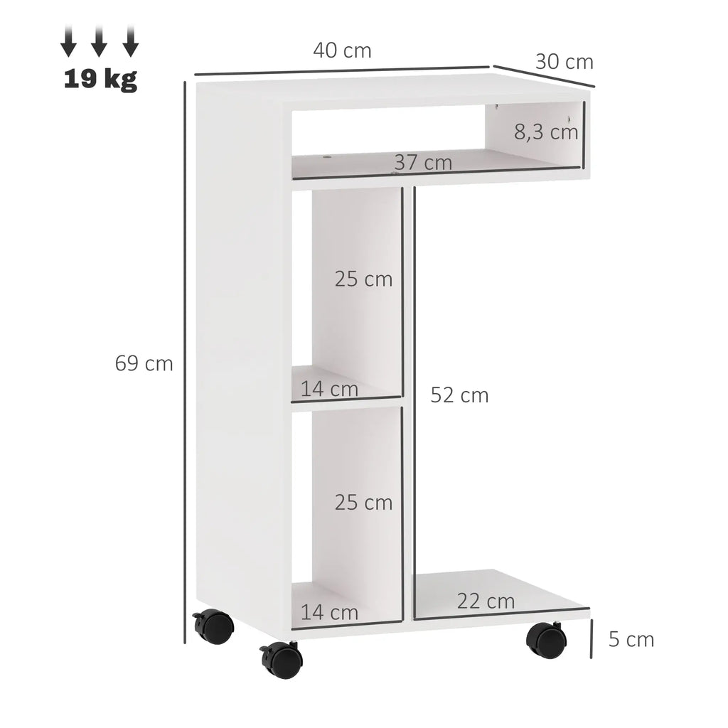 HOMCOM Bijzettafel C-vorm met wielen en planken Wit