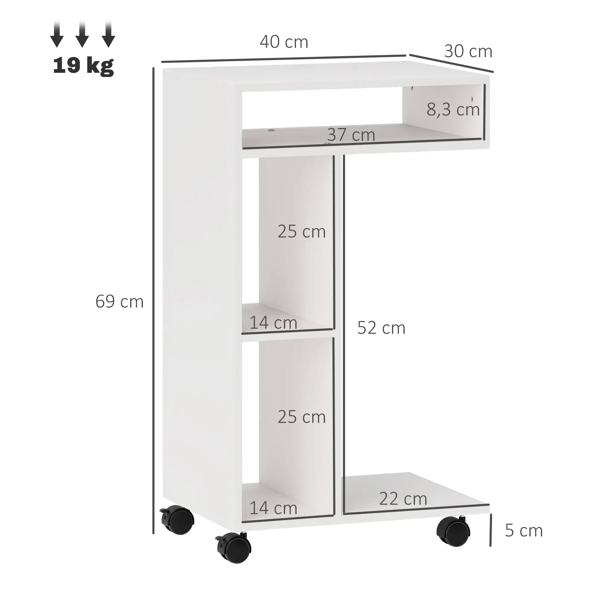 HOMCOM Bijzettafel C-vorm met wielen en planken Wit