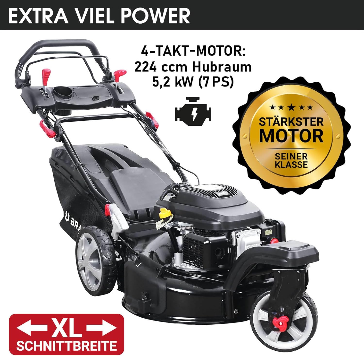BRAST® Benzine grasmaaier Trike met aandrijving | 5,2kW (7PK) | 53cm maaibreedte | veel modellen | TÜV | 4-takt OHV motor | 30-80mm maaihoogte | 60L opvangbak | Stalen behuizing | Snelheid