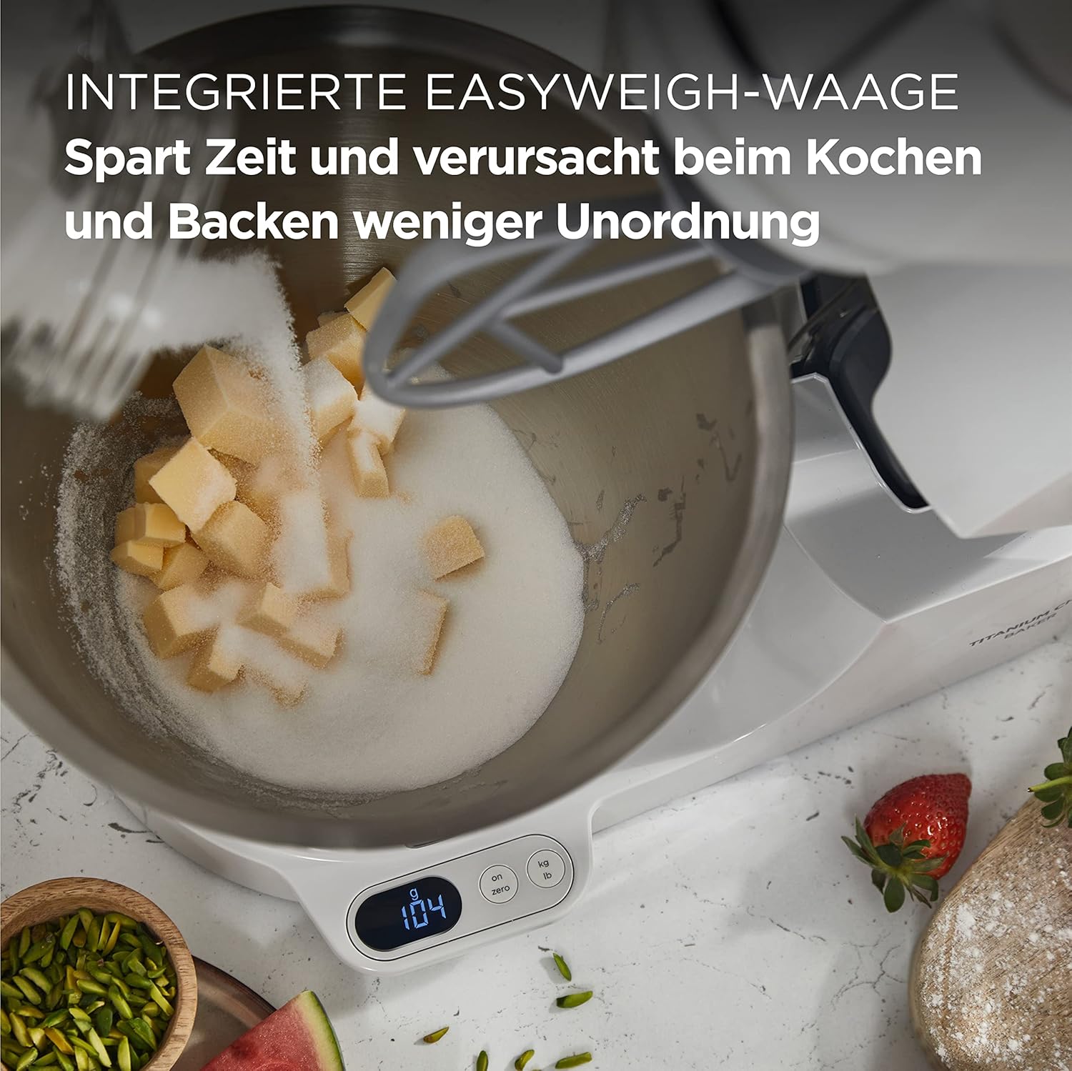 Kenwood Titanium Chef Baker KVL85.424SI Keukenmachine met geïntegreerde weegschaal, incl. 4-delige patisserie set, 7 L en 5 L mengkom, traploze snelheidsregeling, 1200 W, zilver