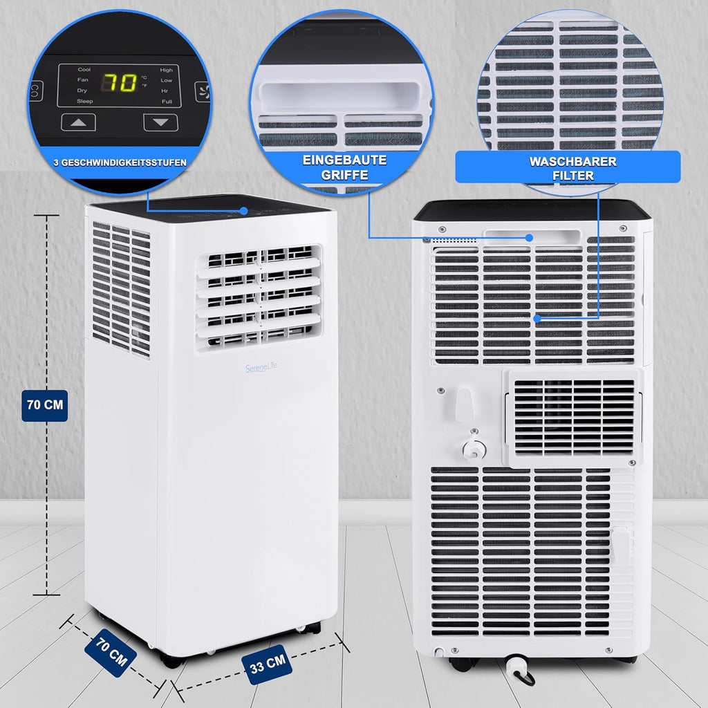 SereneLife 3-in-1 Mobiele Airconditioner met Afvoerslang – Klimaatregelaar als Luchtkoeler, Ventilator & Luchtontvochtiger – Mini Airco voor Ruimtes tot 28 m2 – Luchtkoeler voor Thuis & Kantoor 10.000 BTU