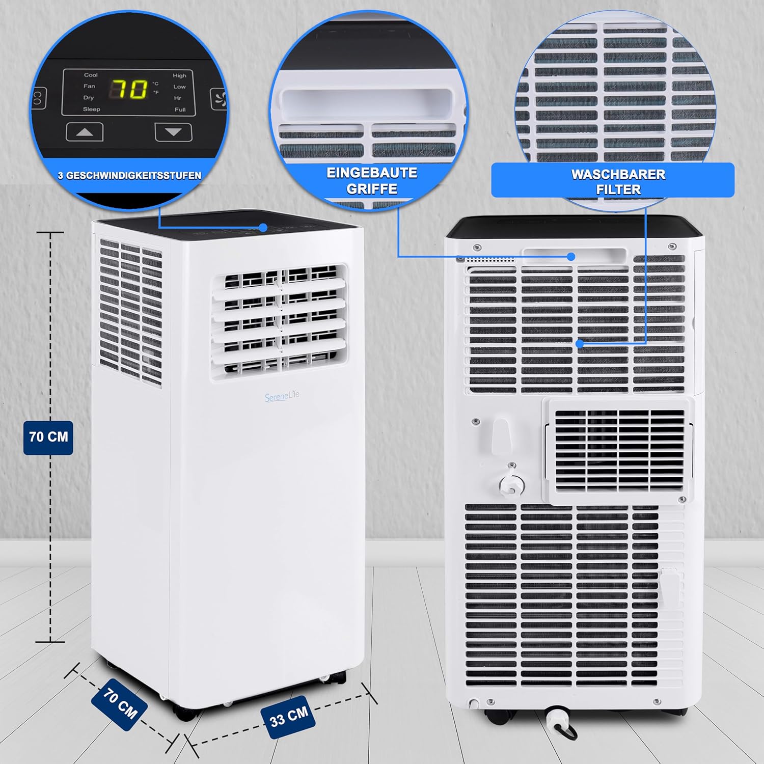 SereneLife 3-in-1 Mobiele Airconditioner met Afvoerslang – Klimaatregelaar als Luchtkoeler, Ventilator & Luchtontvochtiger – Mini Airco voor Ruimtes tot 28 m2 – Luchtkoeler voor Thuis & Kantoor 10.000 BTU