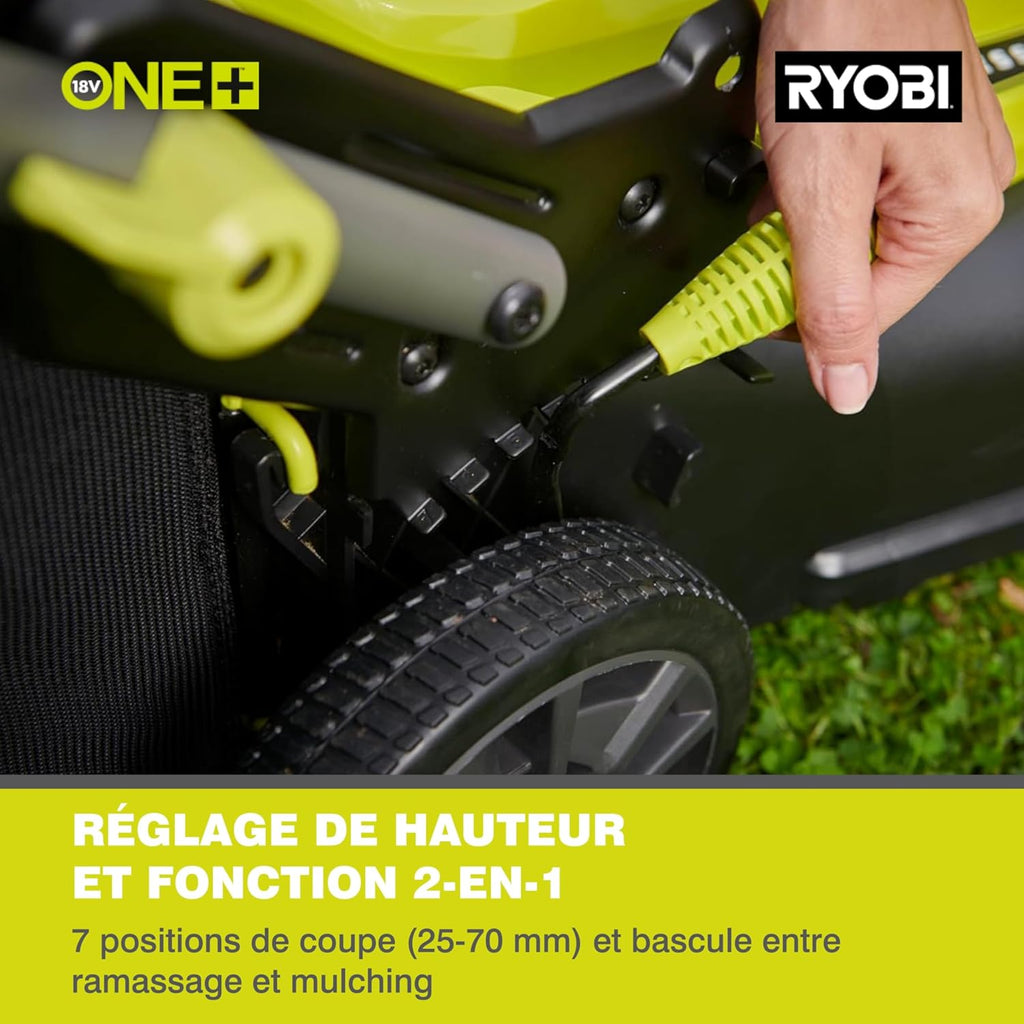 RYOBI 18 V ONE+ Accu-grasmaaier RLM18X33B40 (snijbreedte 33 cm, 5-voudige hoogteverstelling 25-65 mm, inklapbare duwbeugel, incl. mulchplug, 35l grasvangzak, 4,0Ah accu & lader)