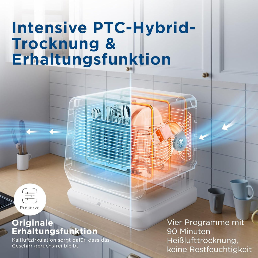 Gudsunal Tafelvaatwasser, Mini vaatwasser met 7L watertank, geen wateraansluiting, 6 programma's, 72°C hoge temperatuur hygiëne, hybride drogen & onderhoudsfunctie, kleine vaatwasser voor op de camping